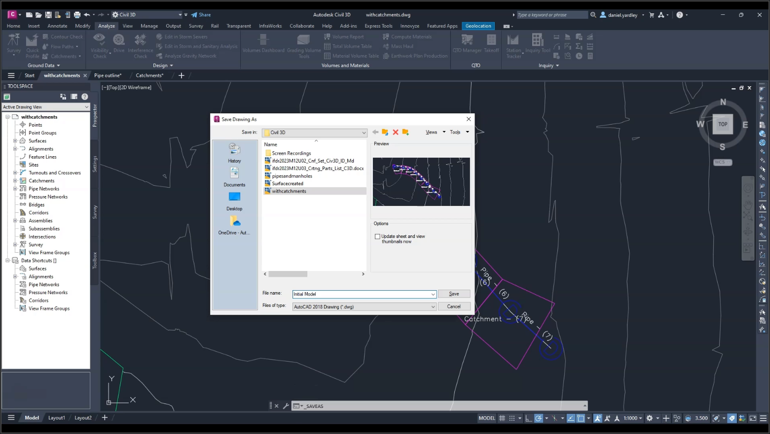 The Civil 3D interface, with the completed pipe network structure and catchment data drawing being saved.