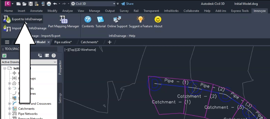 The Innovyze tab of the Civil 3D ribbon, with Export to InfoDrainage being selected to export the file Initial Model.dwg.