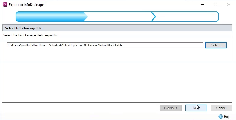 The Select InfoDrainage File page of the Export to InfoDrainage wizard, with the file path chosen where the exported DWG file is to be saved—in this example, Initial Model.dwg—and Next highlighted for selection.