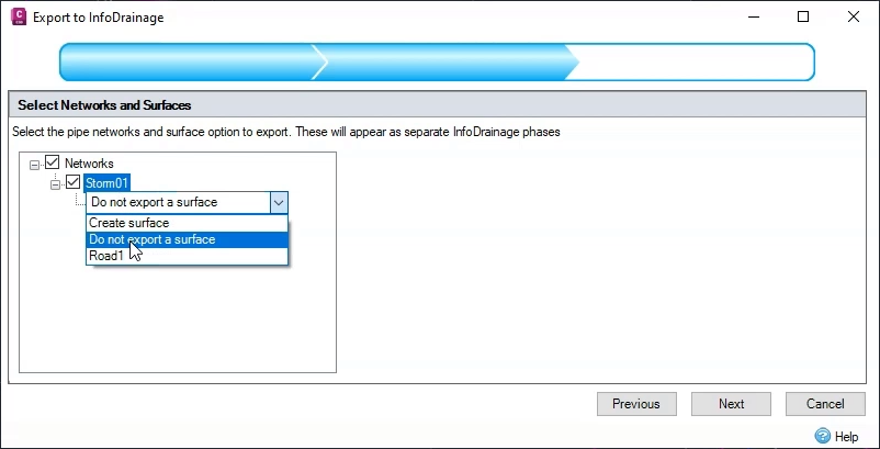 The Select Networks and Surfaces page of the Export to InfoDrainage wizard, with the Storm01 pipe network chosen and the Do not export a surface option being chosen.