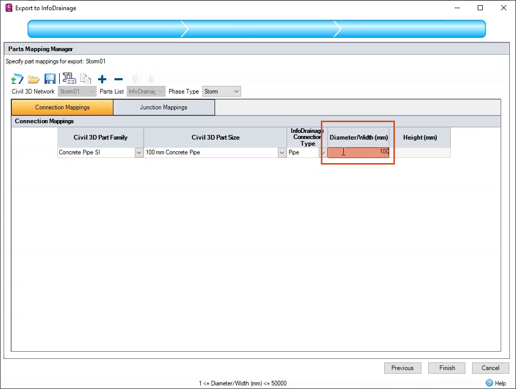 The Parts Mapping Manager page of the Export to InfoDrainage wizard, open to the Connection Mappings tab, with a value of 100 entered for the Diameter/Width field.