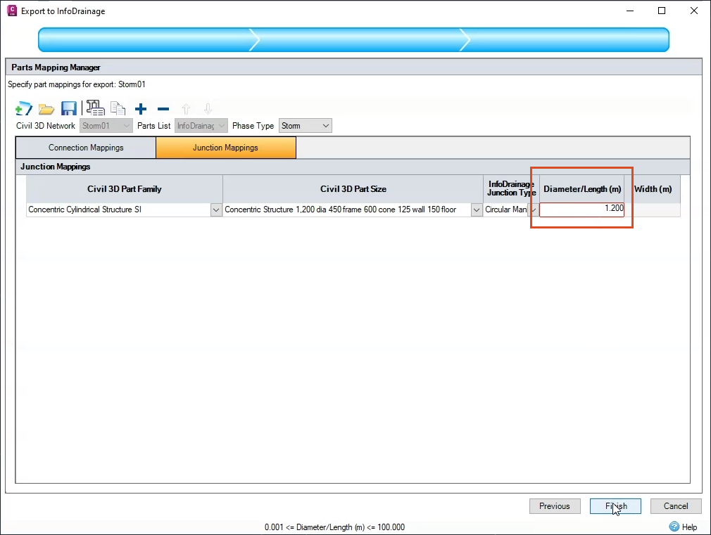 The Parts Mapping Manager page of the Export to InfoDrainage wizard, open to the Junction Mappings tab and a value of 1.2 entered in the Diameter/Length field.