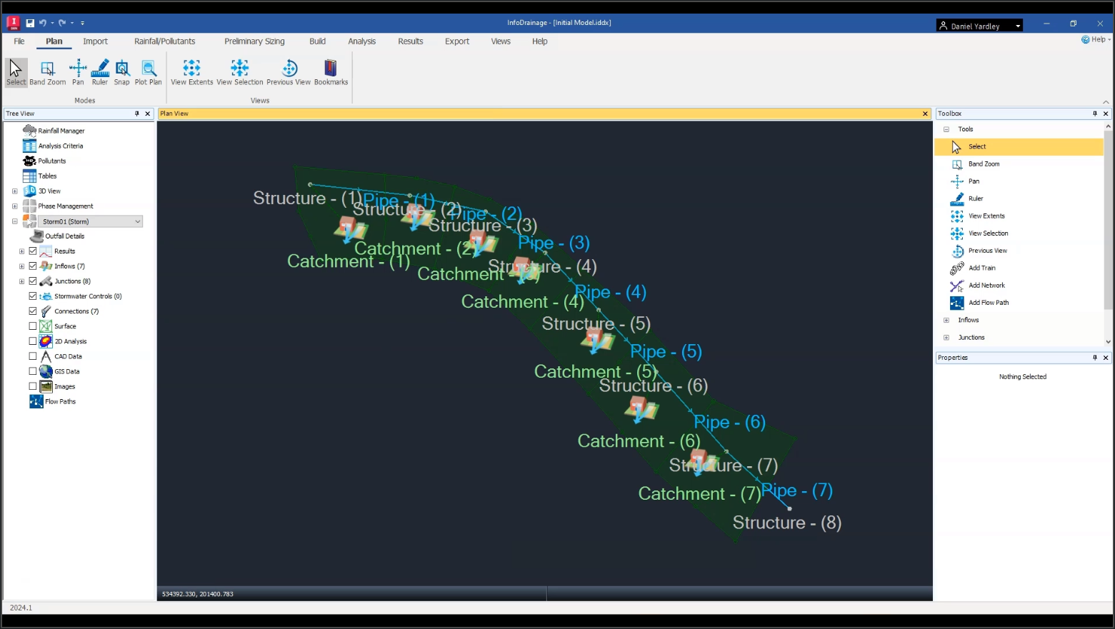 The Initial Model.dwg file open in InfoDrainage after being exported from Civil 3D.