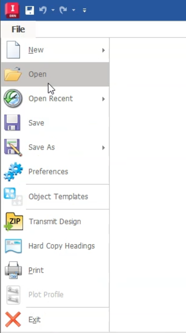 The InfoDrainage File menu with the Open option selected.