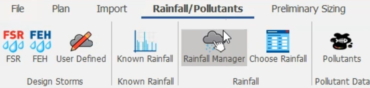 On the ribbon, the Rainfall/Pollutants tab with the Rainfall Manager command selected.