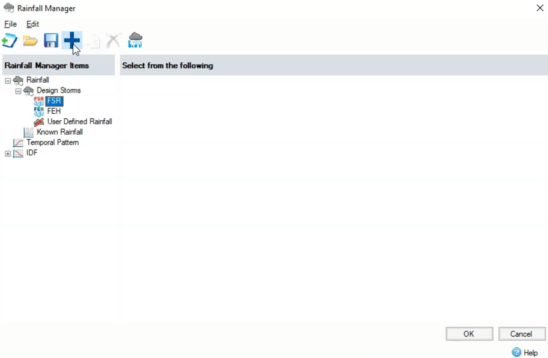 The Rainfall Manager dialog box with the Rainfall Manager Items tree list expanded and FSR selected; and in the toolbar, the Add icon selected.