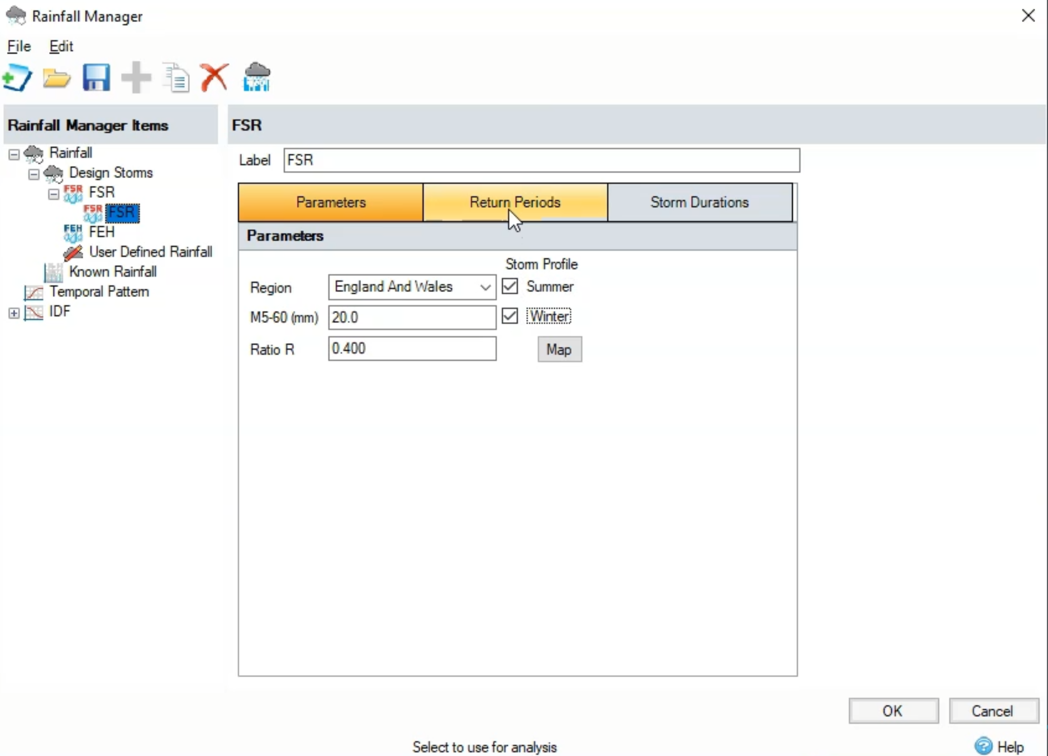The Rainfall Manager dialog box with the FSR Parameters set for the England and Wales region and the Return Periods tab being selected.