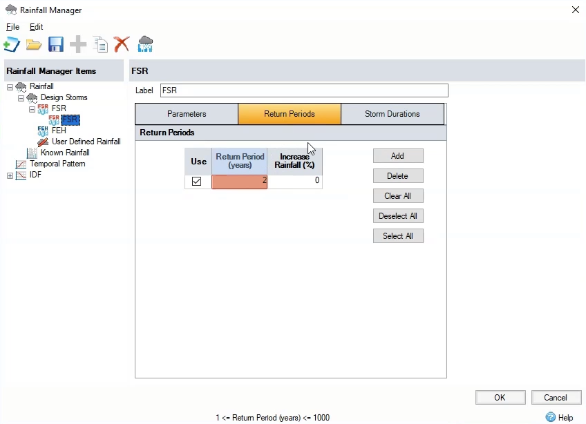 The Rainfall Manager dialog box opened to the FSR Return Periods tab, with a return period of 2 years entered.