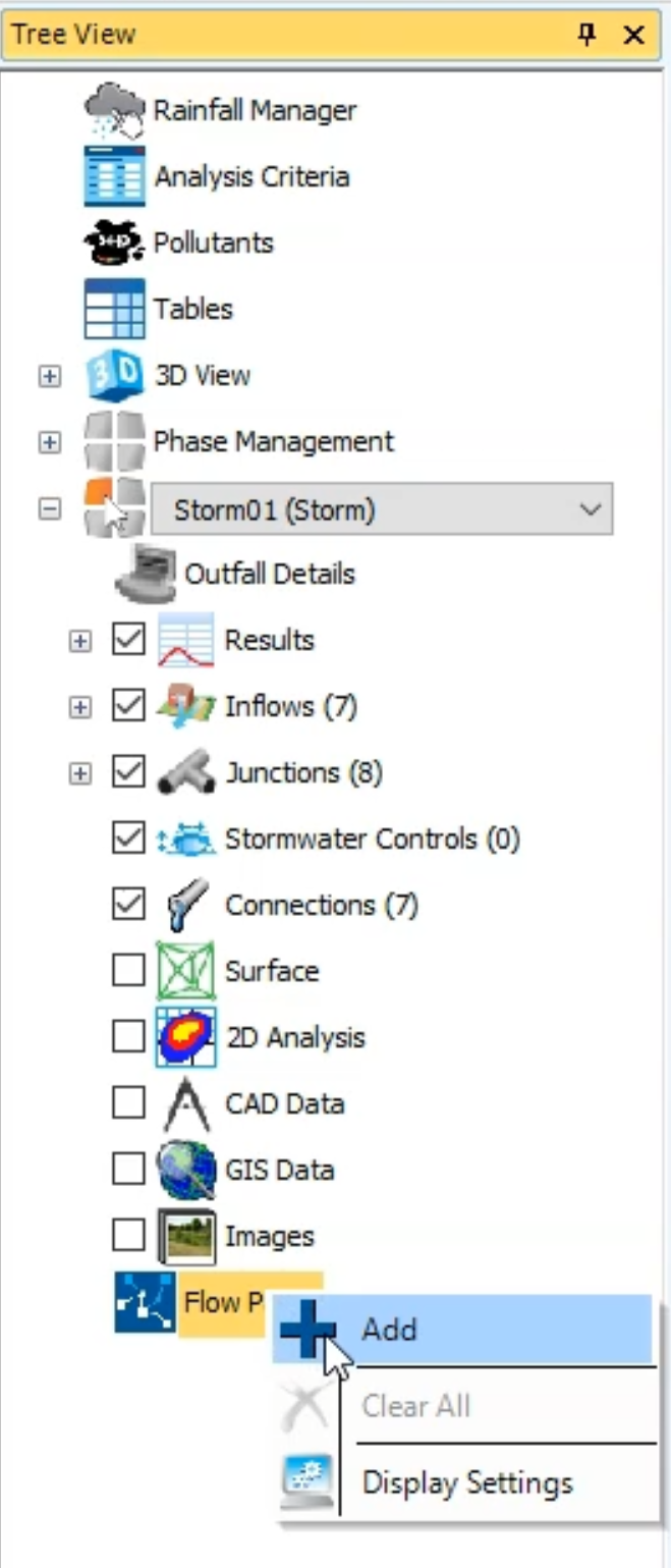 The Tree View with the Flow Paths shortcut menu expanded and the Add option selected.