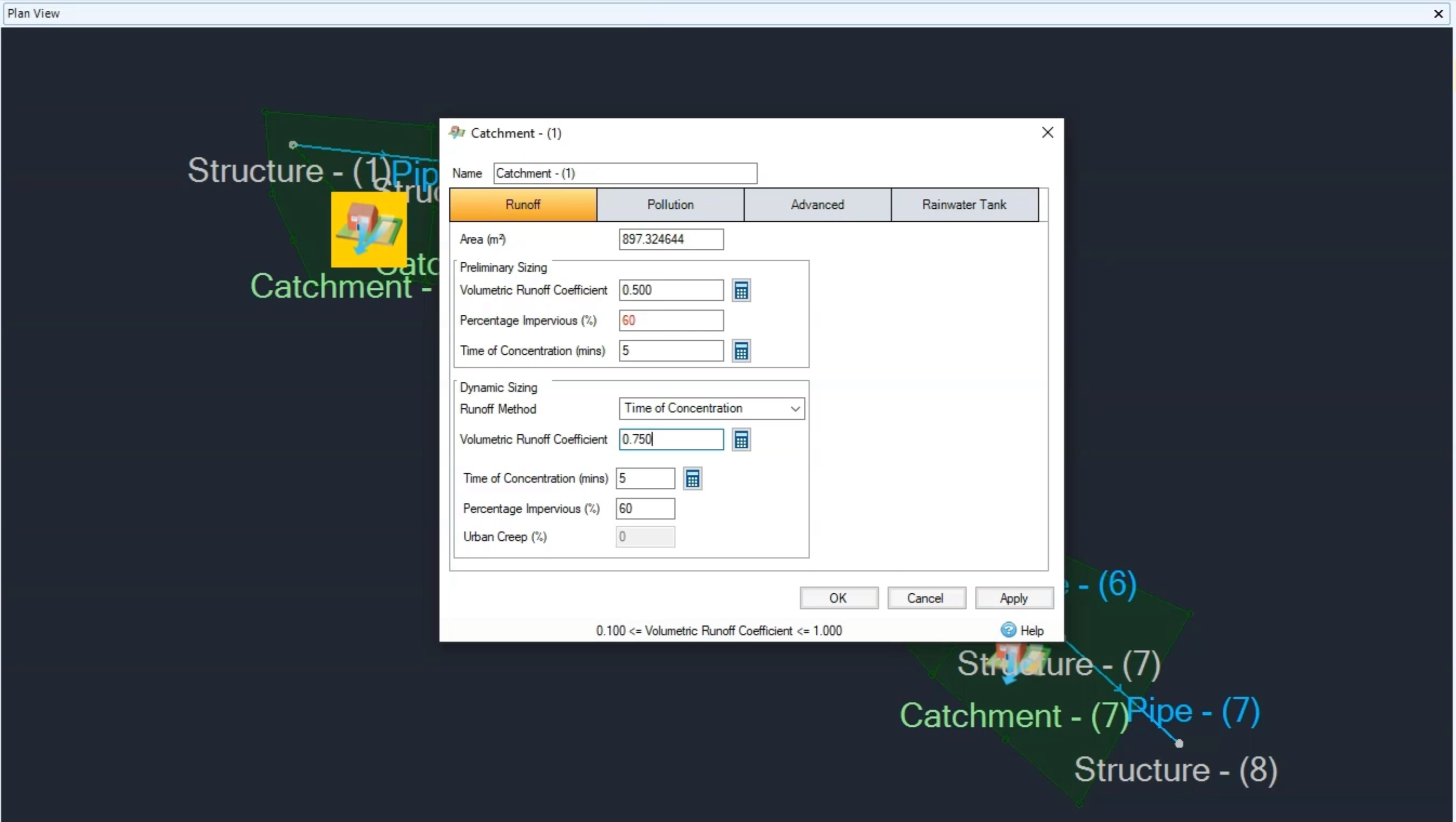 The Plan View in InfoDrainage with a model imported. A catchment icon is highlighted and the dialog box displaying the catchment’s properties is open. The options in the dialog box are configured.