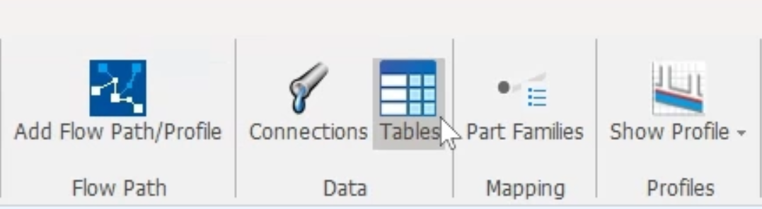 The InfoDrainage ribbon, Build tab, Data panel with the Tables command selected.