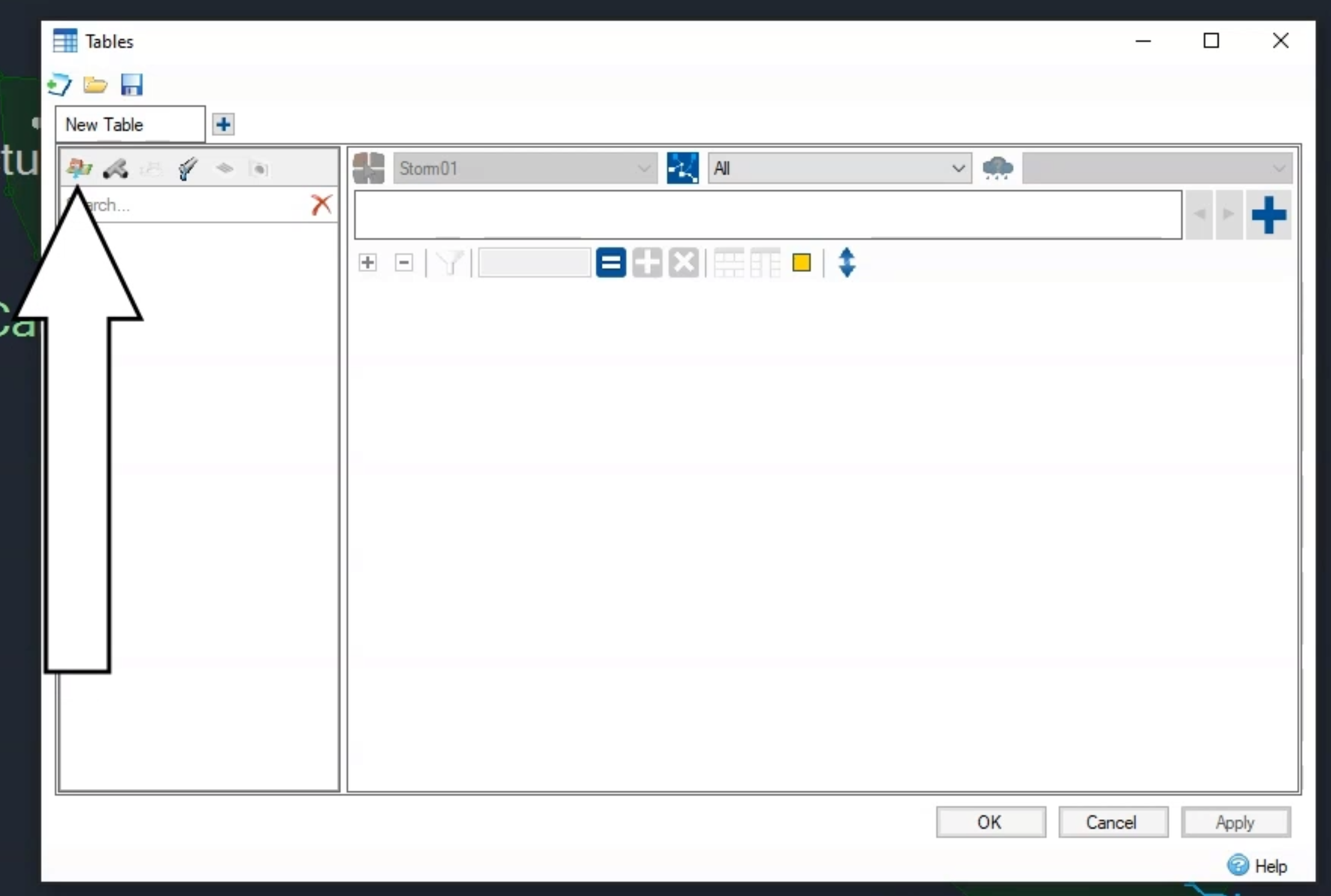 The Tables dialog box with the Inflows tool called out with a large arrow.