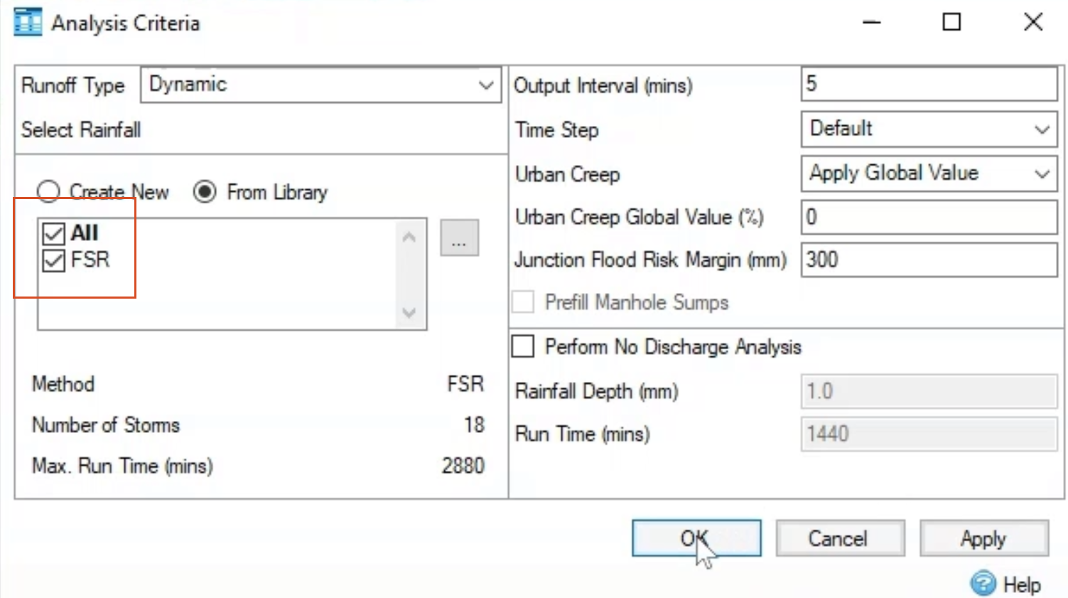 The Analysis Criteria dialog box with All and FSR rainfall types selected.