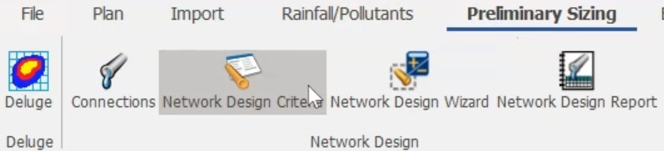 The ribbon, Preliminary Sizing tab, Network Design panel, with the Network Design Criteria command selected.