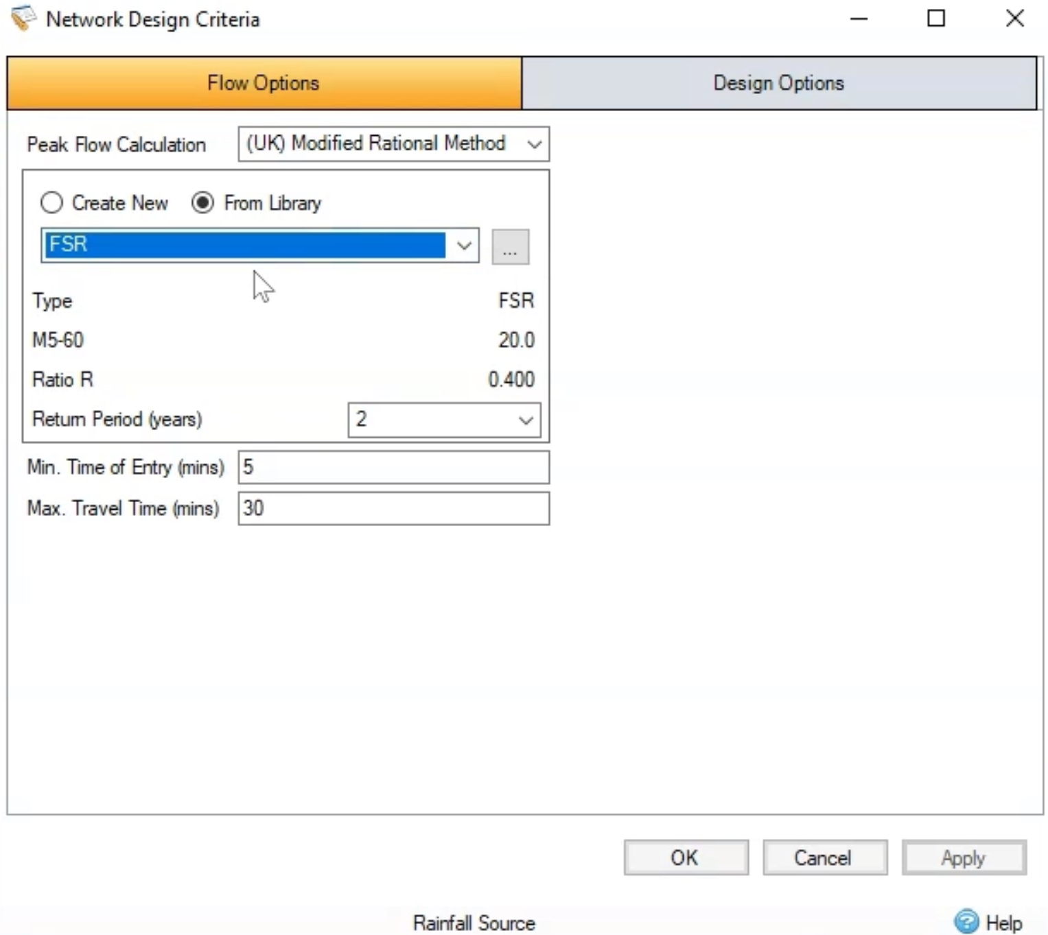 The Network Design Criteria dialog box, Flow Options tab, with FSR selected.