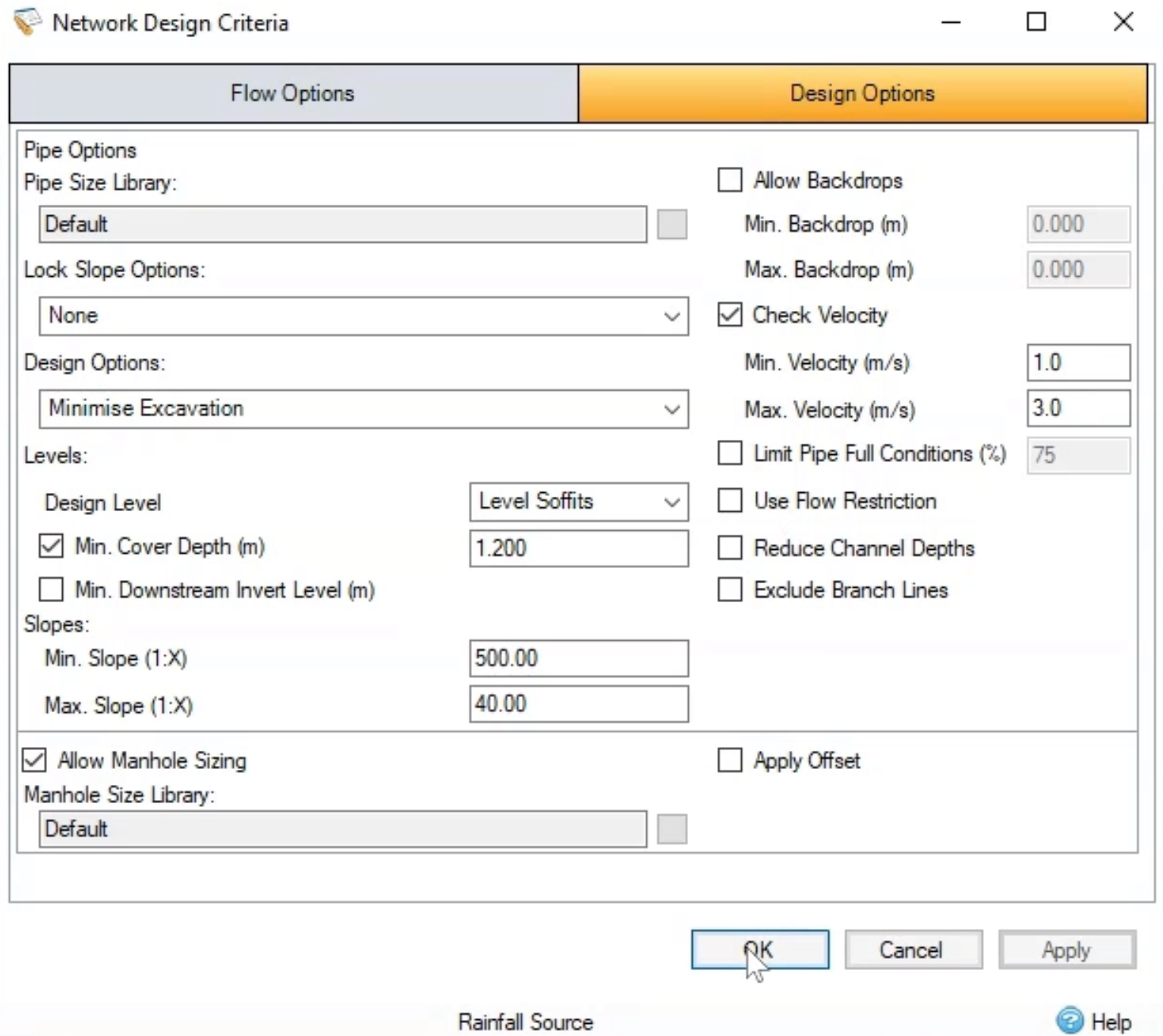 The Network Design Criteria dialog box, Design Options dialog box, with default settings selected.