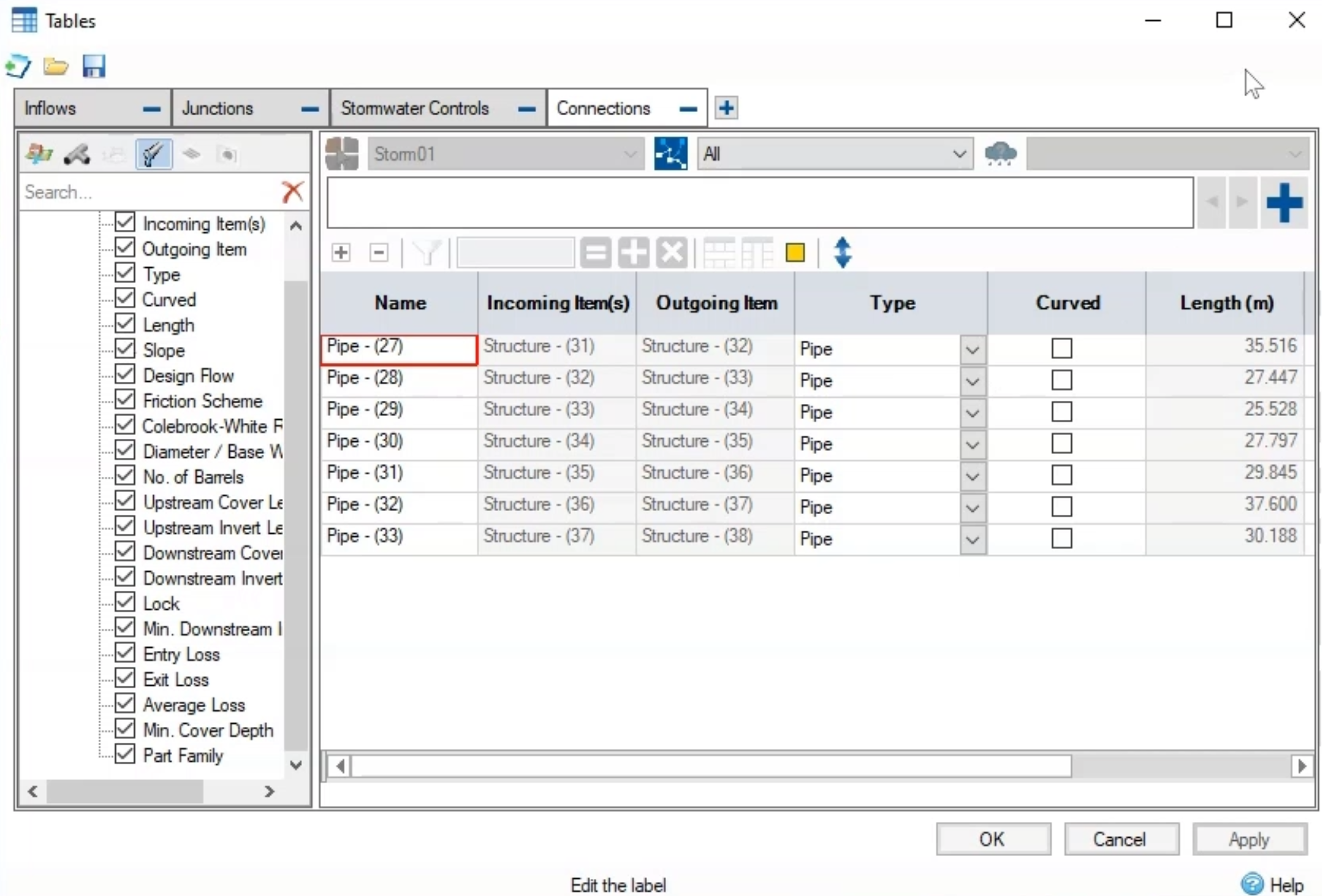 The Tables dialog box, Connections tab with data on the pipes.