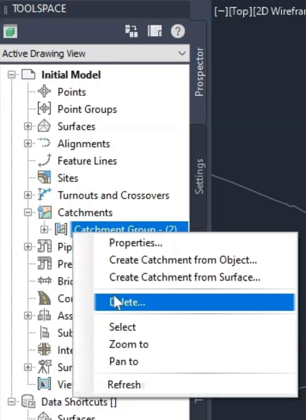 The Civil 3D Toolspace, Prospector tab, with the tree list expanded, the Catchment Group shortcut menu expanded, and Delete selected.