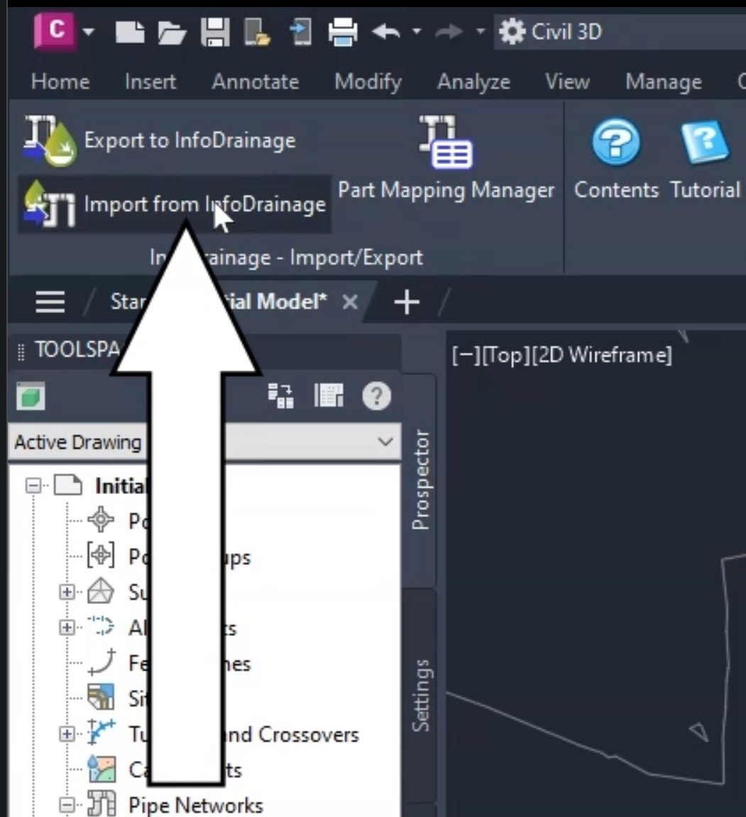 The Civil 3D ribbon, Innovyze tab, with the Import from InfoDrainage command selected and called out.