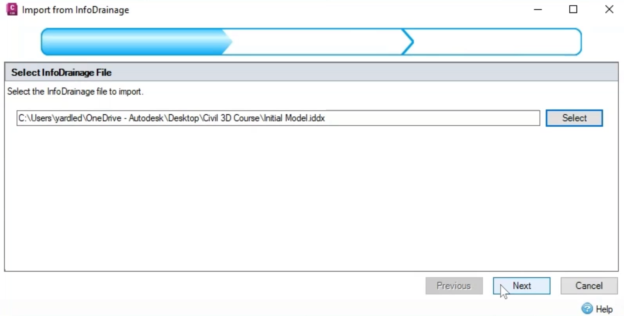 The Import from InfoDrainage wizard with the InfoDrainage hydraulic design file and Next selected.