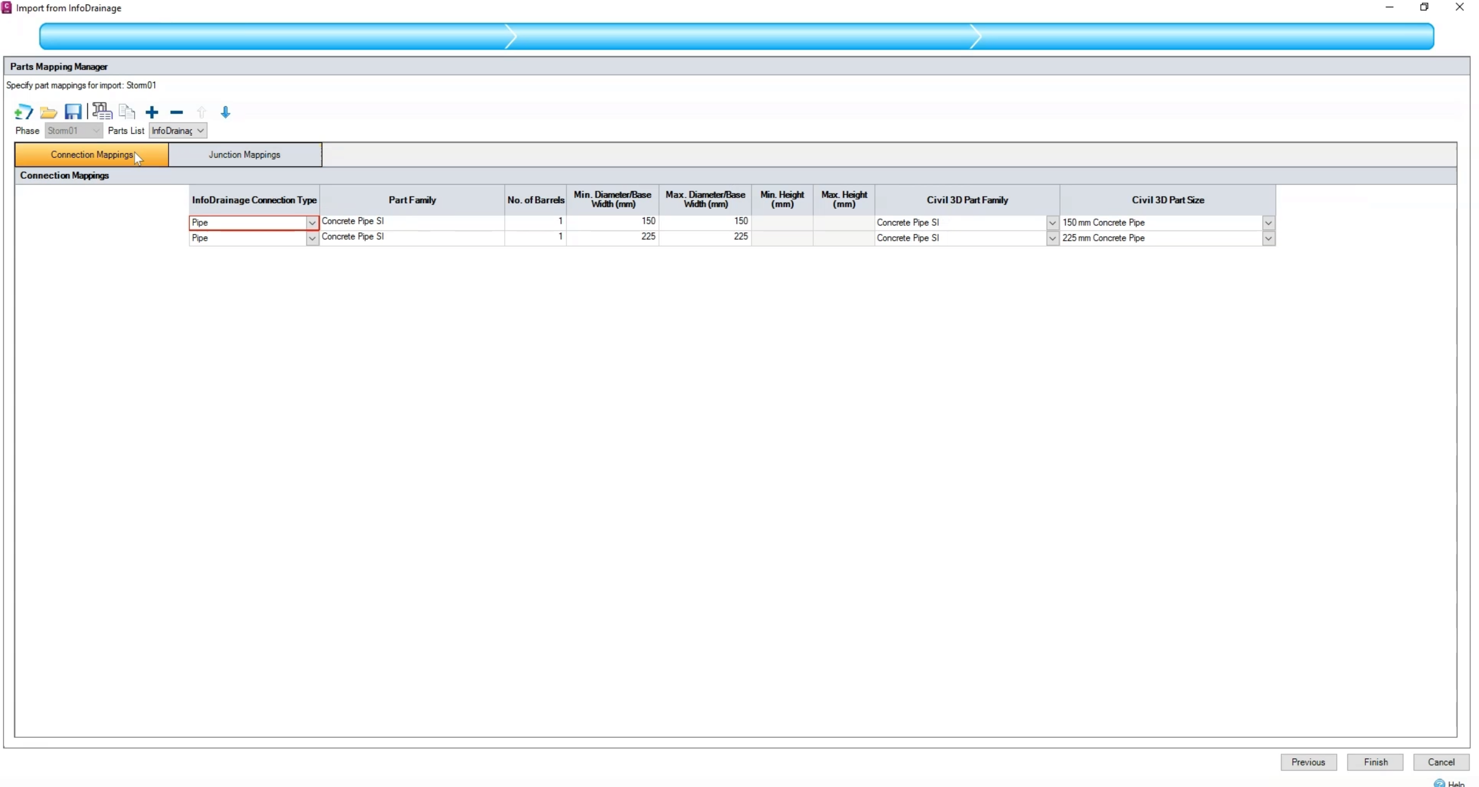 The Import from InfoDrainage wizard, Parts Mapping Manager page with the connections and junctions mapped.