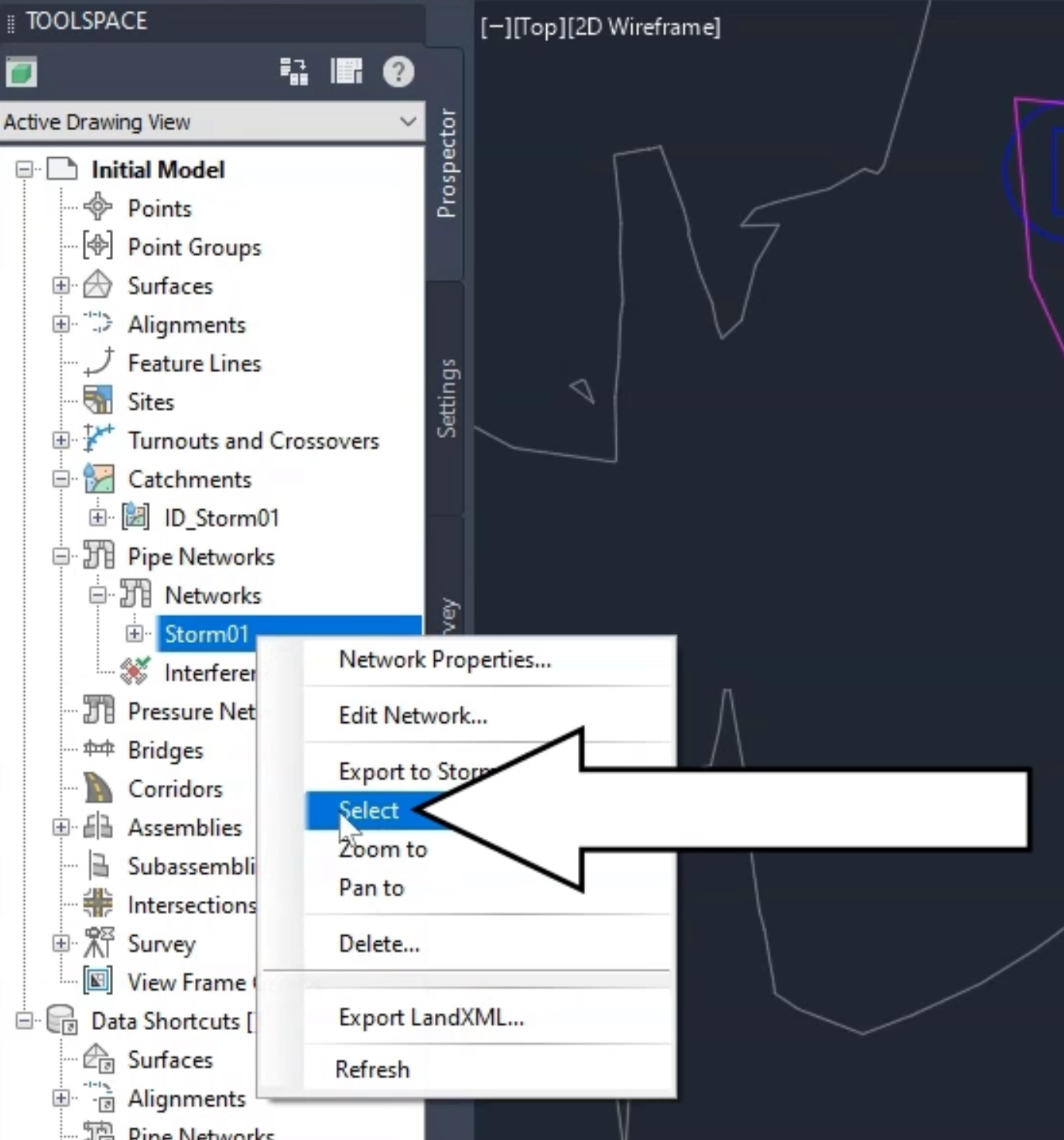 The Toolspace tree list with the Storm01 shortcut menu expanded and the Select option selected and called out.