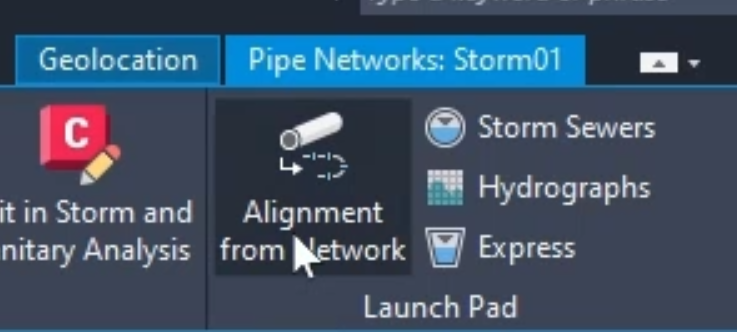 On the ribbon, the Pipe Networks Storm01 contextual tab , Launch Pad panel, with the Alignment from Network command selected.</p>