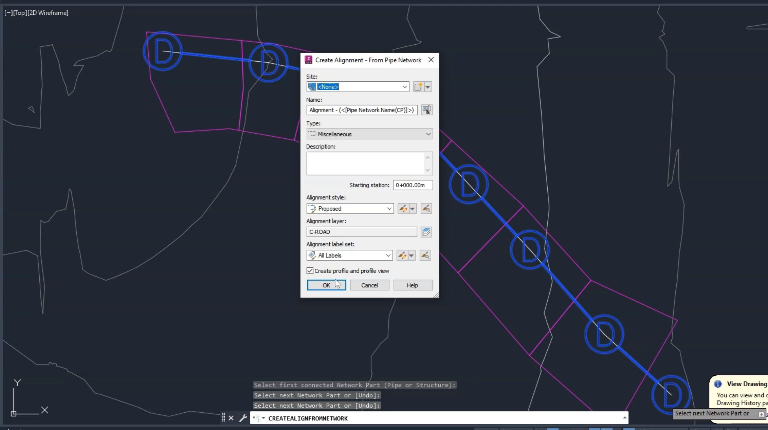 The Create Alignment – From Pipe Network dialog box with the defaults enabled and OK selected; and in the background, the drawing with the network selected.