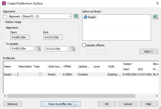 The Create Profile from Surface dialog box with the Road1 surface selected in the Profile lis and Draw in profile view selected.