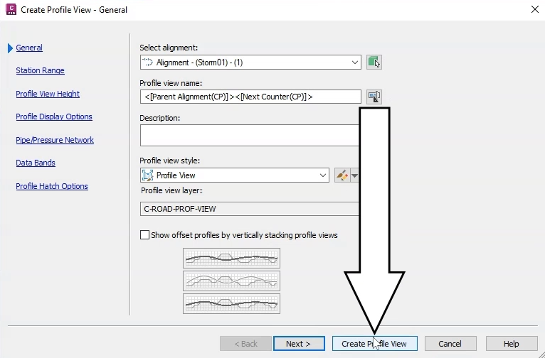 The Create Profile view dialog box with the defaults enabled and Create Profile View selected and called out.