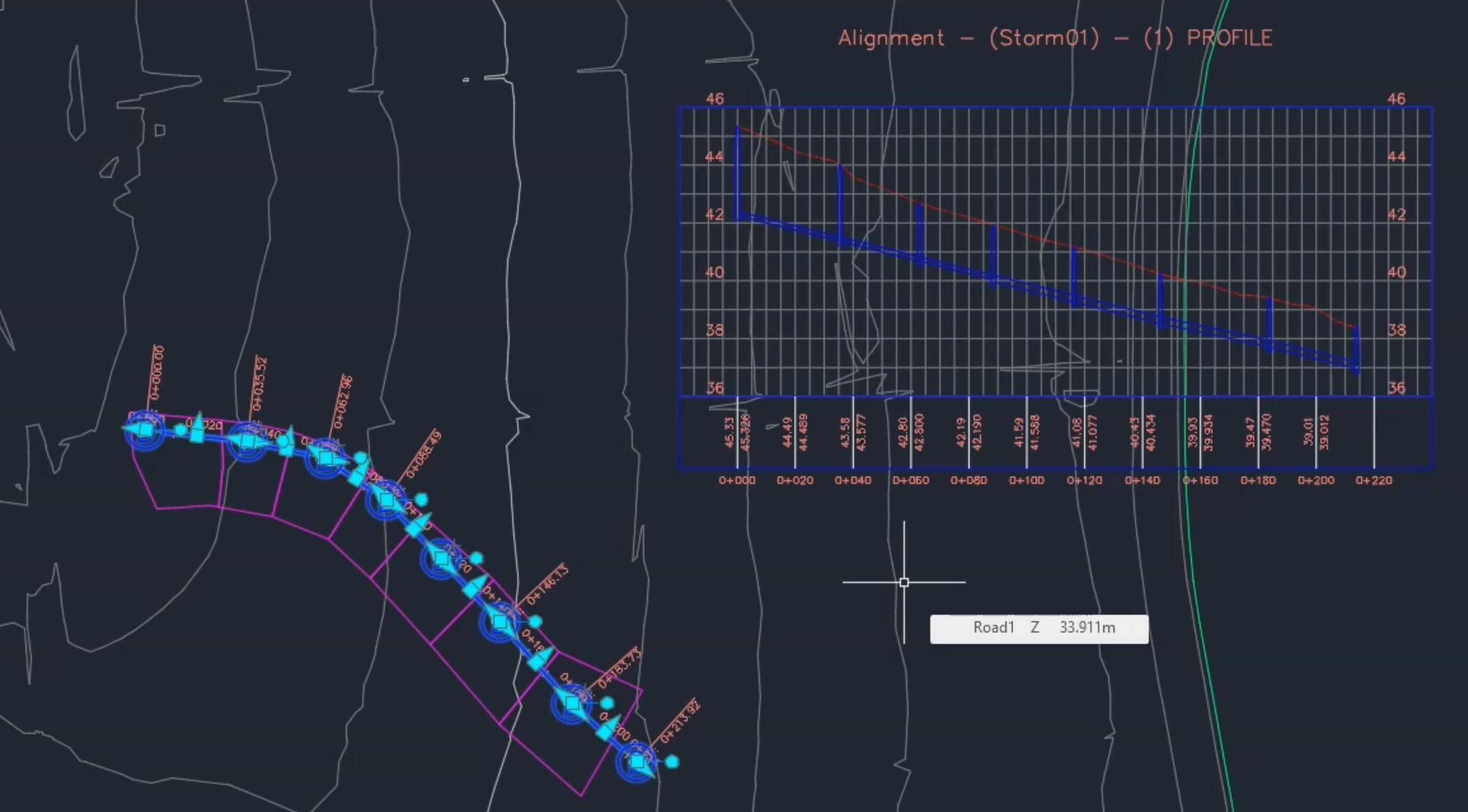 The drawing with the profile view placed in the upper right area and the pipe network displayed in the lower left area.