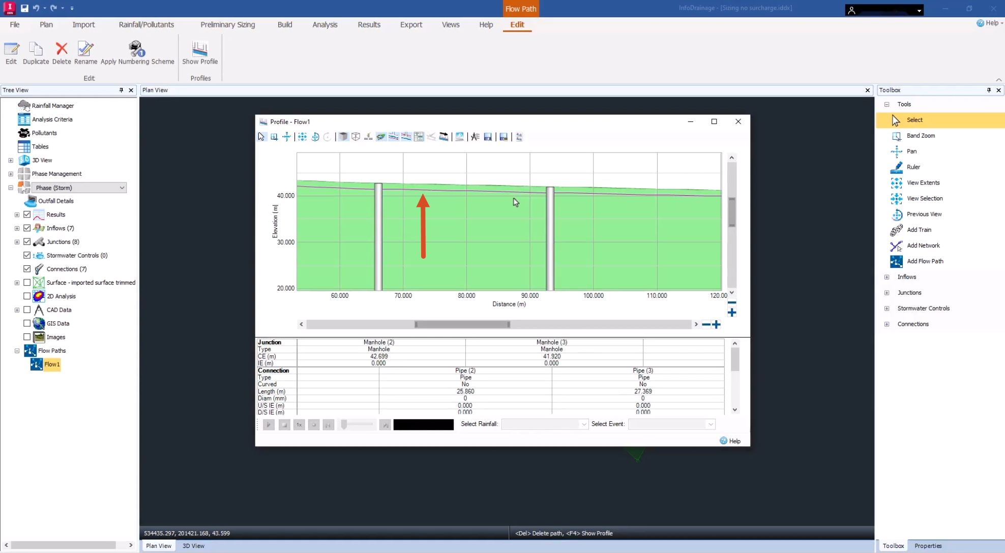In the InfoDrainage interface, the Profile – Flow1 dialog box showing the profile view of the Flow1 flow path, with the pipes shown as lines, since no sizes or depth are assigned yet.