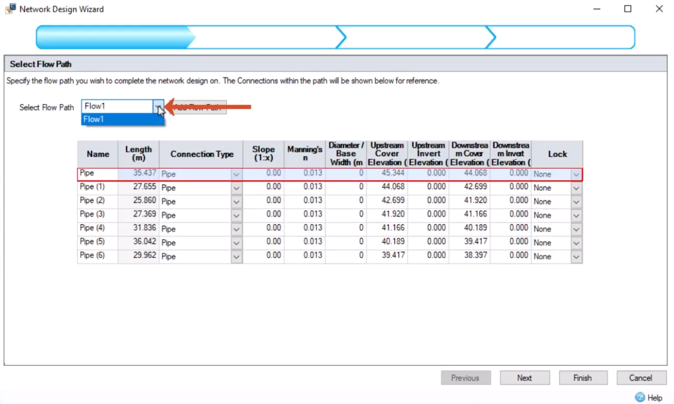 In the Network Design Wizard, Select Flow Path page, the Flow1 flow path being selected, and the pipes listed below in the table.