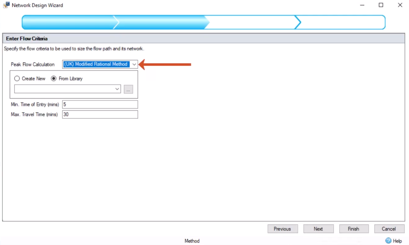 In the Network Design Wizard, Enter Flow Criteria page, the Peak Flow Calculation selected and called out.