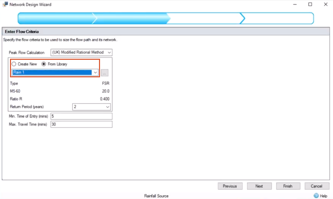 In the Network Design Wizard, Enter Flow Criteria page, From Library enabled and Rain 1 selected.