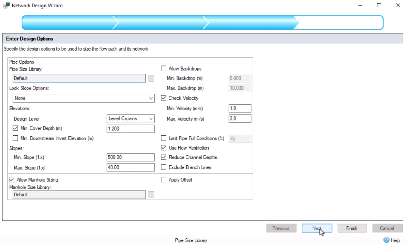 In the Network Design Wizard, Enter Design Options page, all options set to the defaults and Next being selected.