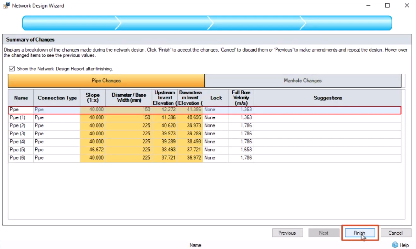 In the Network Design Wizard, Summary of Changes page, the Pipe Changes table showing the diameter, elevations, and other values for each pipe, with Finish being selected.