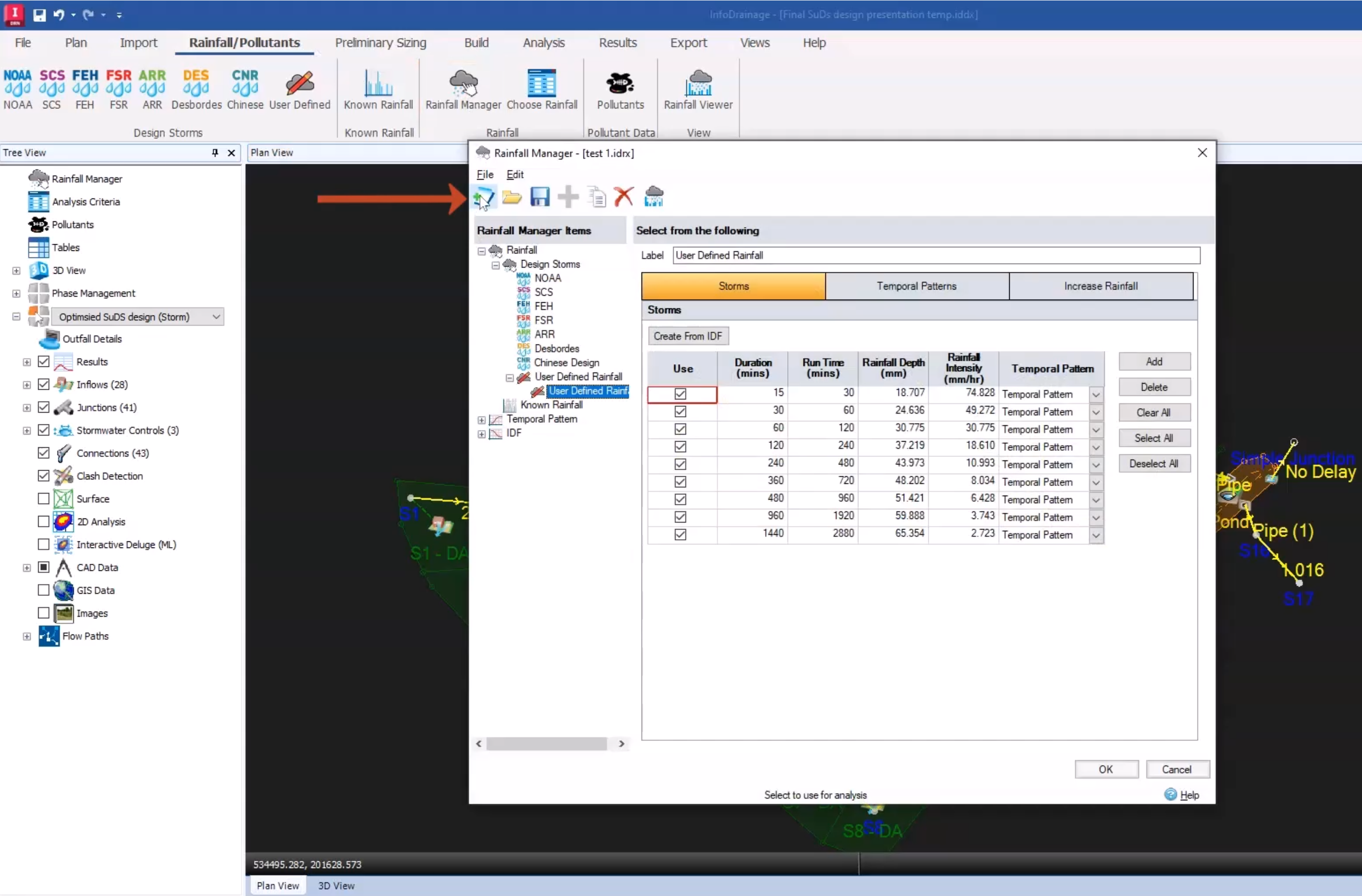 In the InfoDrainage interface, the open Rainfall Manager, with the New button called out with a red arrow; and in the background, the Plan View of the model used for this example.