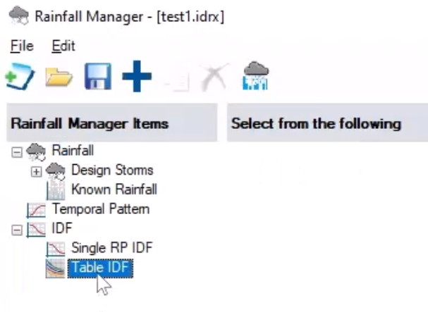 In the Rainfall Manager, under Rainfall Manager Items, IDF is expanded, and Table IDF is being selected.