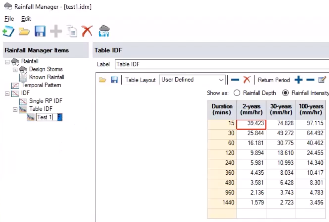 In the Rainfall Manager, under the Table IDF settings, the IDF curve data from the spreadsheet has been pasted into the table; and in the Items list, the new Table IDF item has been renamed to “Test 1”.