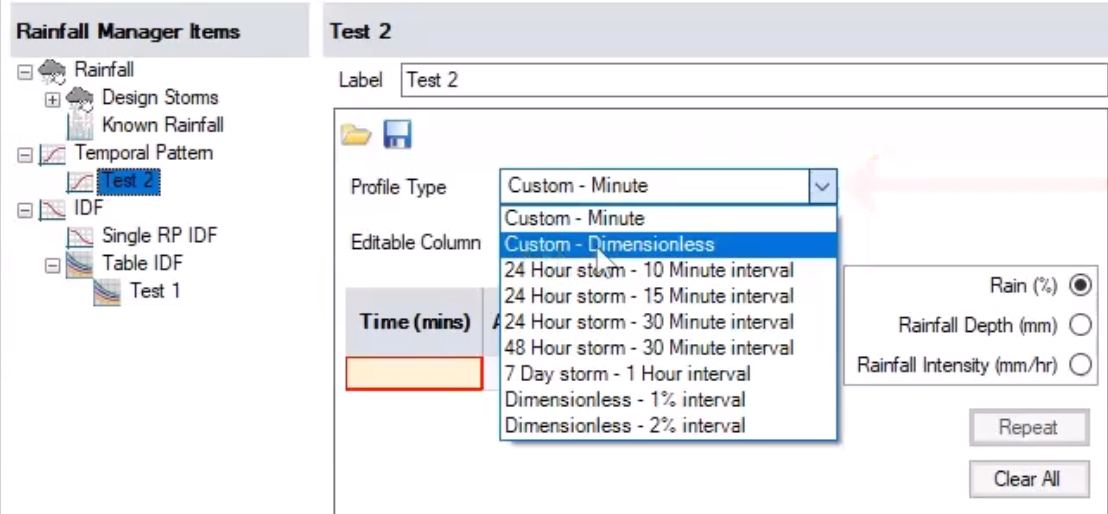 In the Rainfall Manager, under Temporal Pattern, a “Test 2” item has been added. Also, in the Test 2 temporal pattern settings, the Profile Type drop-down is expanded, with Custom – Dimensionless selected.