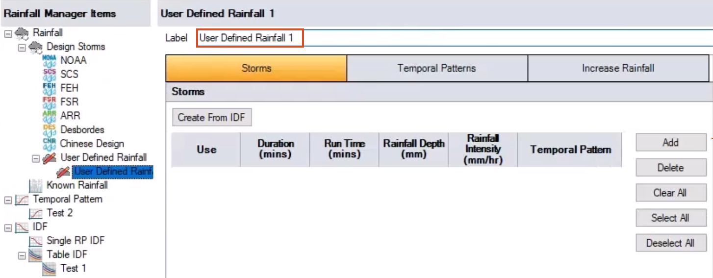 In the Rainfall Manager Items, the Design Storms node is expanded, and a new User Defined Rainfall item has been created. And under the User Defined Rainfall 1 settings,  in the Label field, a new name is entered and highlighted in red.