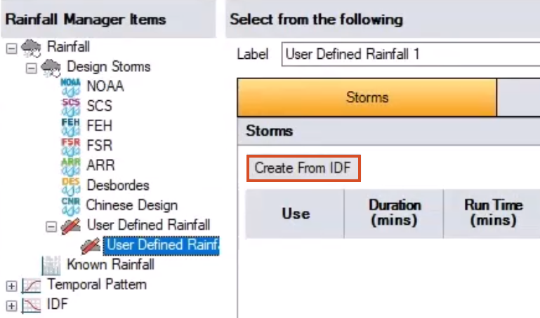 In the reopened Rainfall Manager, the still-active User Defined Rainfall 1 Design Storm is highlighted in the Items list, and on the Storms tab, the new Create From IDF tool is highlighted in red.