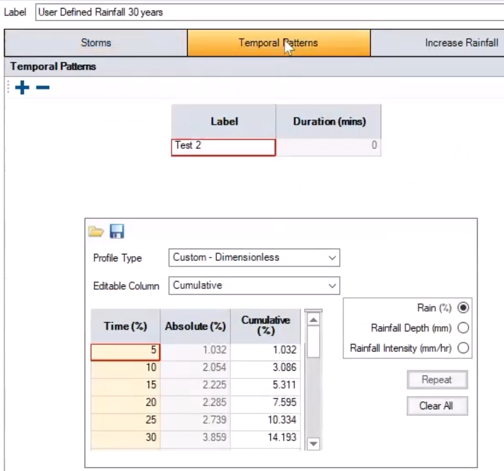 On the Temporal Patterns tab, the Test 2 Label is highlighted in red, and the relevant data is displayed in the table.