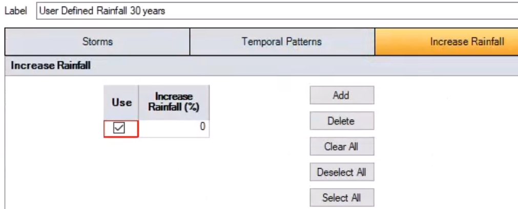 On the Increase Rainfall tab, Use is selected and highlighted in red next to the Increase Rainfall (%) field, where a value can be entered.
