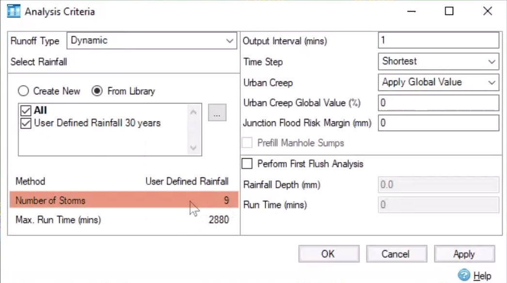 The Analysis Criteria dialog box showing the new rainfall data, with User Defined Rainfall 30 years selected, and the Number of Storms highlighted to show 9 rainfall events.