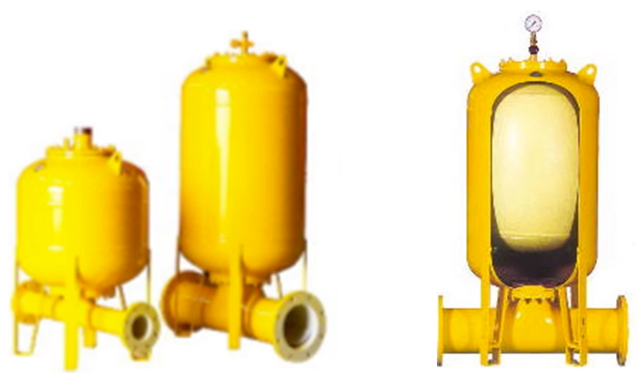 An image of several closed (bladder) surge tanks, one of which is a cutaway view.