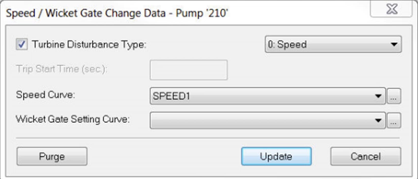 The Speed/Wicket Gate Change Data dialog box, with Turbine Distance Type selected and the Wicket Gate Setting Curve option now available.