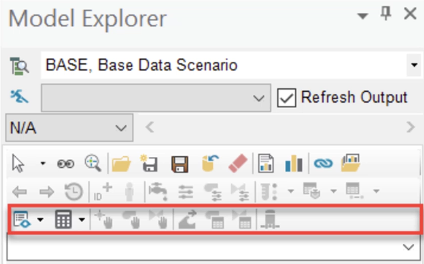 The Model Explorer with the InfoSurge toolbar highlighted in red.