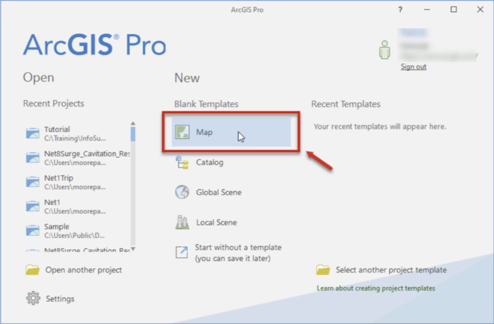 The ArcGIS Open page, with the Map option selected and called out with a red arrow.